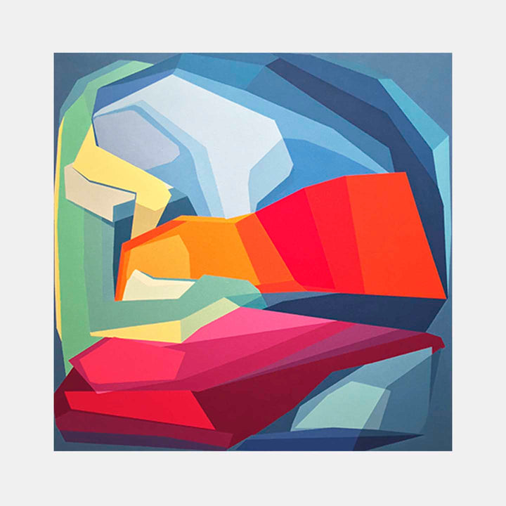 The artwork 'Definitely Unknown' by Kati Vilim features vibrant geometric abstraction with angular shapes in bold red, orange, blue, and green hues. Sharp edges and overlapping forms create dynamic spatial relationships, while smooth gradients add depth to the oil painting's composition - by Kati Vilim.