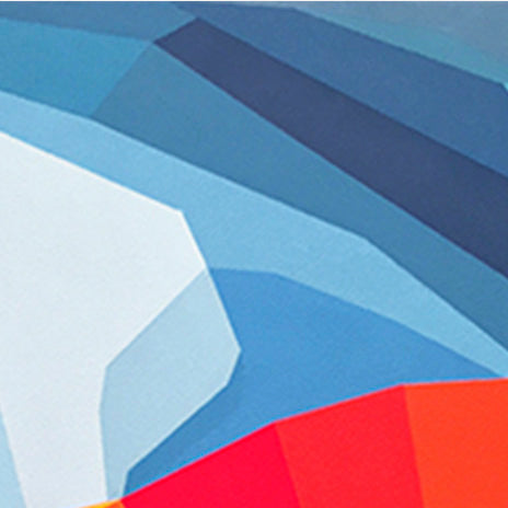 The artwork 'Definitely Unknown' by Kati Vilim features bold geometric shapes in a striking color palette of gradated blues, white, and vibrant red-orange. Angular forms create dynamic spatial relationships across the oil on canvas, showcasing clean lines and sharp transitions between color blocks in a minimalist geometric abstract style. By Kati Vilim.