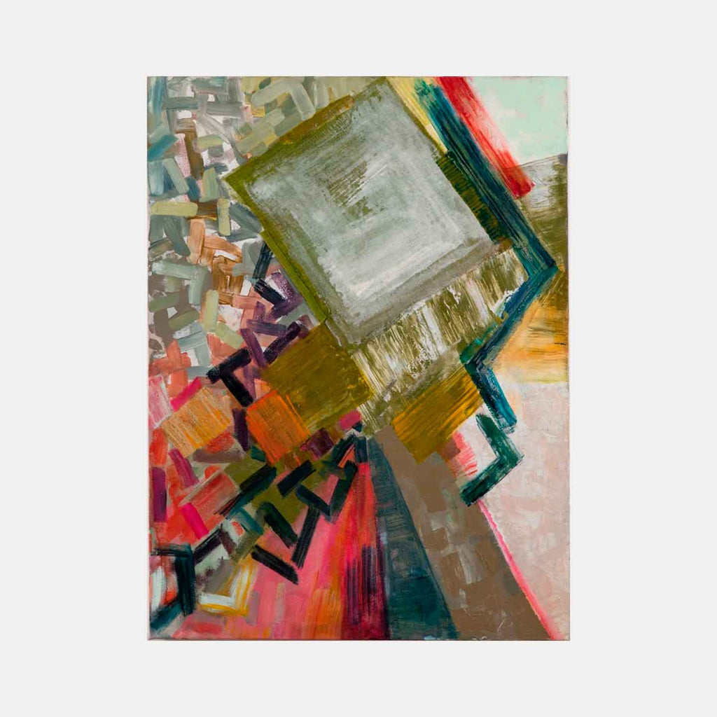 The artwork 'Delaunay Diamond' features dynamic geometric abstractions with angular shapes in olive green, coral pink, and teal blue. Bold brushstrokes create a sense of movement through fragmented forms, with a prominent gray square tilted against a warm background. Textured oil paint application on linen canvas creates depth and dimension. By Molly Herman.