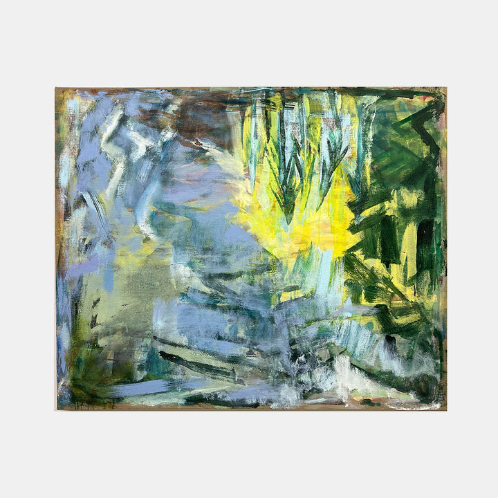 The artwork 'Deluge' by Molly Herman features dynamic brushstrokes in blues, greens, and a striking burst of yellow, creating an abstract expressionist composition on linen. Bold gestural marks suggest movement through water and foliage, with layered textures and atmospheric depth achieved through oil paint application. 48x58 inches. By Molly Herman.