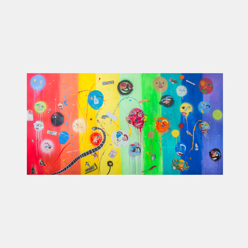 The artwork 'Des Balloons' by Cavier Coleman features a vibrant rainbow gradient background with playful balloon-like shapes and circular elements scattered throughout. Mixed media collage elements and dripping paint effects create dynamic movement across the canvas. The piece combines acrylic and enamel paint with paper collage, displaying whimsical abstract forms against bold spectrum colors.