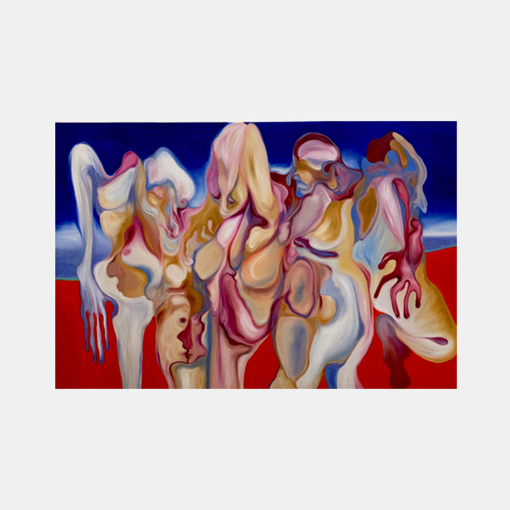 The artwork 'Desert Walk' by Yana Ushakova features abstract flowing figures rendered in fluid, intertwining shapes against a vivid red and deep blue background. The oil painting showcases organic forms in soft beige, pink, and white tones, creating a dreamlike composition that suggests movement across a desert landscape.