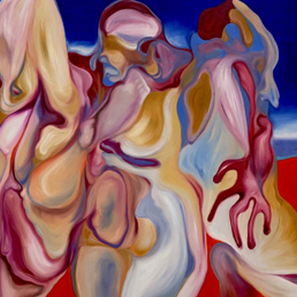The artwork 'Desert Walk' features fluid abstract forms in warm pink, cream, and golden hues against a deep blue sky and red ground. Swirling organic shapes create a sense of movement, reminiscent of figures in motion through a desert landscape. The oil painting's smooth brushstrokes blend seamlessly, creating a dreamlike quality. By Yana Ushakova.