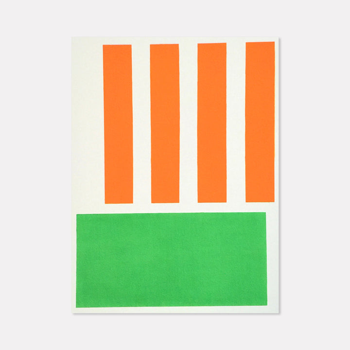 The artwork 'Devotion' by Shyun Song features bold geometric minimalism with four vertical orange stripes against a white background, positioned above a solid green rectangular block. This oil on canvas piece combines vibrant colors in a clean, modernist composition, creating a striking contrast between vertical and horizontal elements.