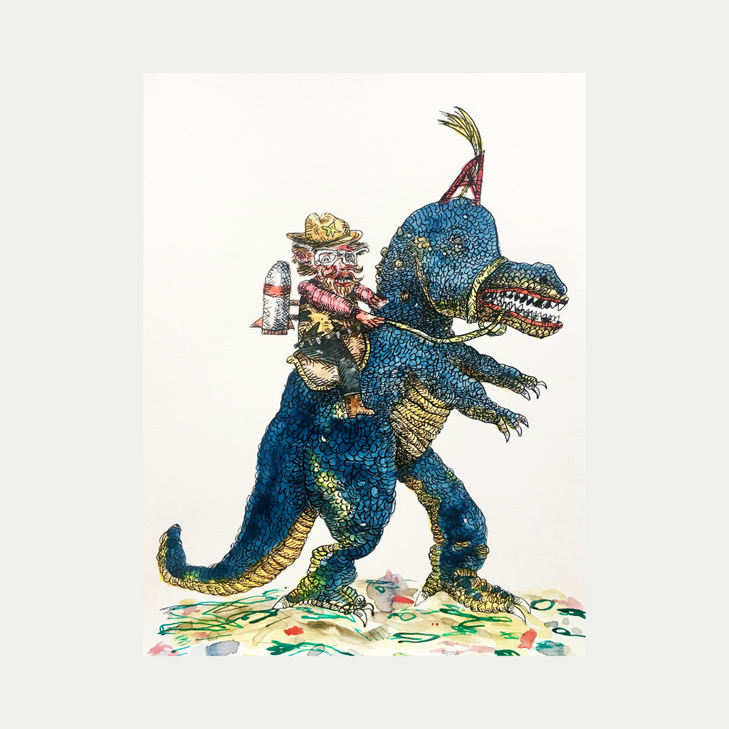 The artwork 'Dino Cowboy' by Andrew Chan features a whimsical watercolor and ink illustration of a blue T-Rex dinosaur with textured scales and yellow underbelly, being ridden by a cowboy character holding a lantern. The dinosaur strides across a field decorated with colorful floral elements, combining Western and prehistoric themes in a playful artistic style.