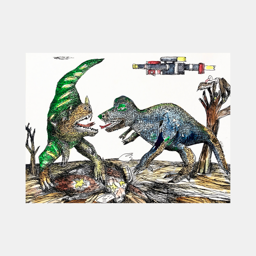 The artwork 'Dino Fight' by Andrew Chan depicts two fierce dinosaurs in a dynamic confrontation, rendered in ink and watercolor. One dinosaur shows vibrant green scales while the other features blue-grey coloring, both detailed with intricate line work. A futuristic spacecraft hovers above while they battle on textured ground amidst bare tree branches.