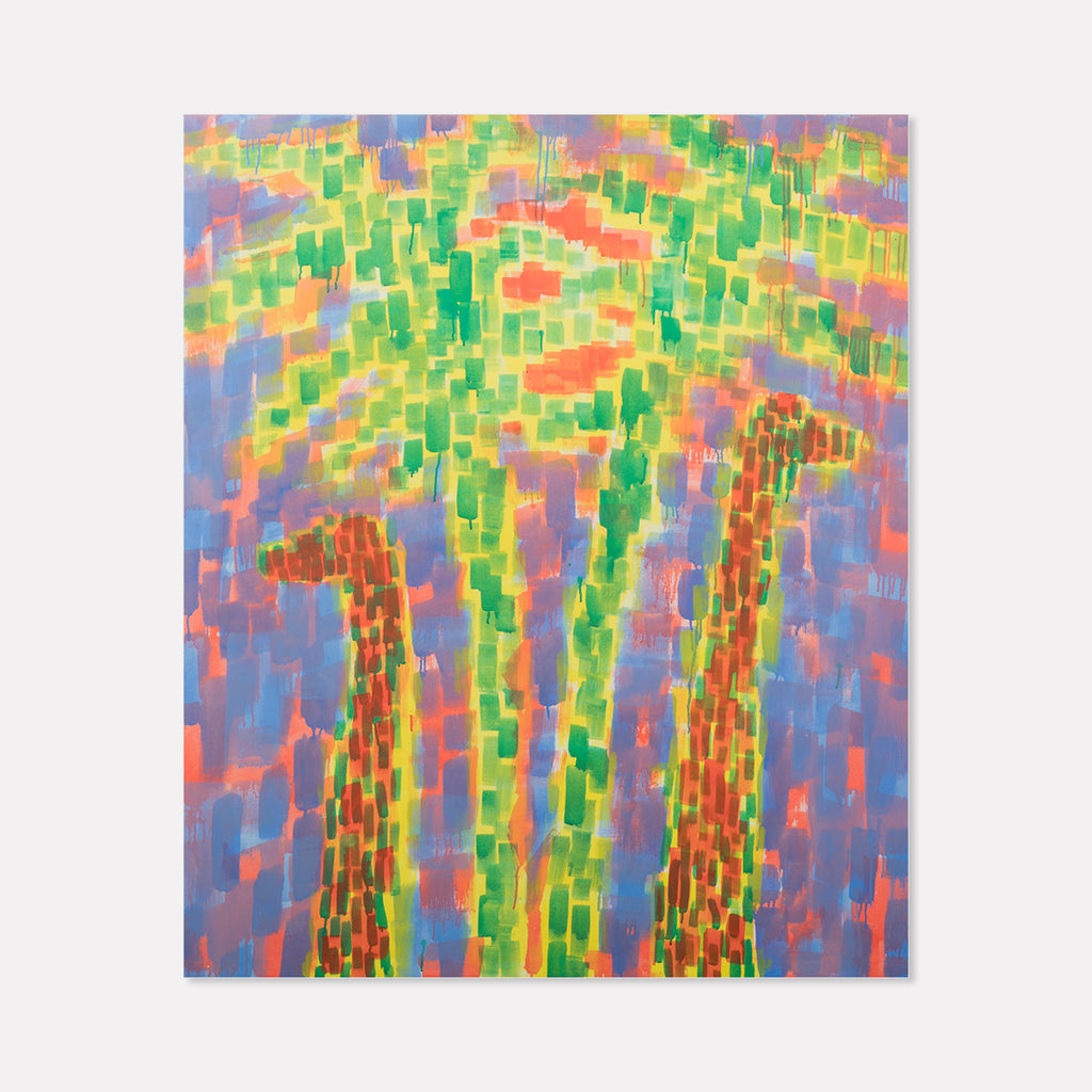 The artwork 'Dinos in Passing' by Til Will features a vibrant mosaic-style composition depicting abstract dinosaur silhouettes in earthy browns against a dynamic background. The painting combines geometric brushstrokes in neon greens, bright corals, and deep purples, creating a pixelated effect. The 75x63 inch acrylic canvas artwork suggests movement through its vertical composition. - Til Will