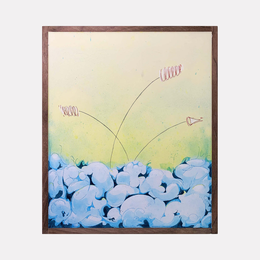 The artwork 'Directly through large game of telephone' by Evan Peltzman features delicate black lines with pink spiral accents emerging from a bed of soft blue cloud-like shapes against a pale yellow-green gradient background. The composition combines ink and plaster on wood panel, creating a whimsical, minimalist aesthetic with organic forms and gentle color transitions.