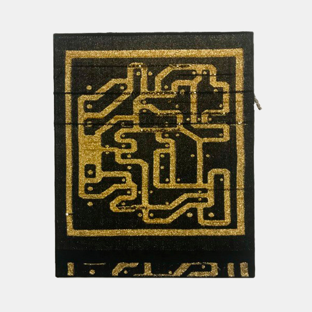 The artwork 'Divine Data Blueprint' by Robin Kang features an intricate circuit board pattern woven in metallic gold yarn against a deep black background. The geometric design showcases interconnected pathways and nodes reminiscent of electronic circuitry, hand-crafted using Jacquard weaving techniques on cotton canvas, creating a striking contrast between traditional textile art and digital aesthetics.