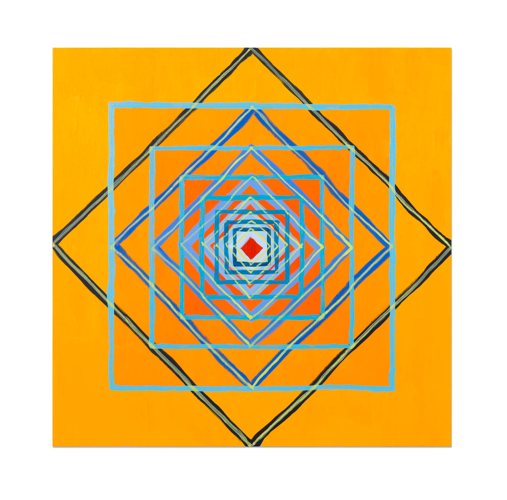 The artwork 'Diving' by Amber Heaton features a mesmerizing geometric composition with concentric squares rotating inward against a vibrant orange background. Light blue and charcoal gray squares create a spiraling tunnel effect, culminating in a small red square at the center, suggesting depth and movement in this modern abstract acrylic painting on panel.