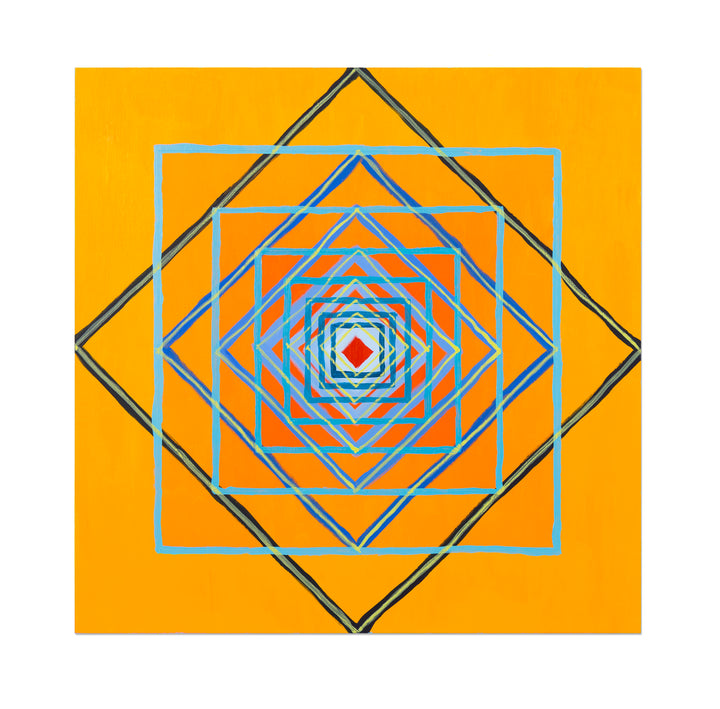 The artwork 'Diving' by Amber Heaton features a mesmerizing geometric composition with concentric squares rotating inward against a vibrant orange background. Light blue and charcoal gray squares create a spiraling tunnel effect, culminating in a small red square at the center, suggesting depth and movement in this modern abstract acrylic painting on panel.