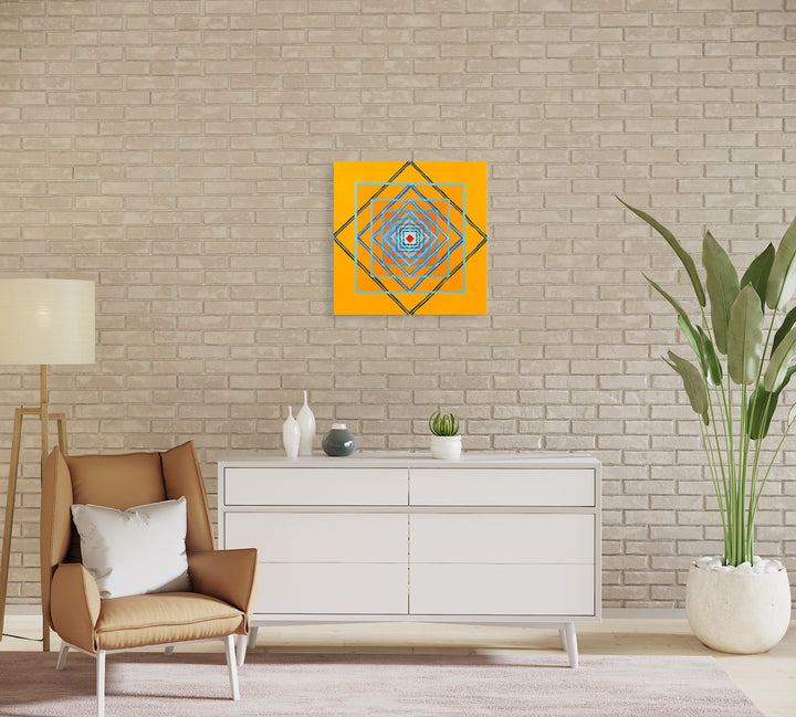 The artwork 'Diving' by Amber Heaton features a mesmerizing geometric composition of concentric diamond shapes against a vibrant golden yellow background. The nested squares spiral inward with alternating blue and grey lines, creating an optical illusion of depth and movement. The acrylic painting on panel measures 24x24 inches, combining contemporary minimalism with dynamic pattern work. By Amber Heaton.