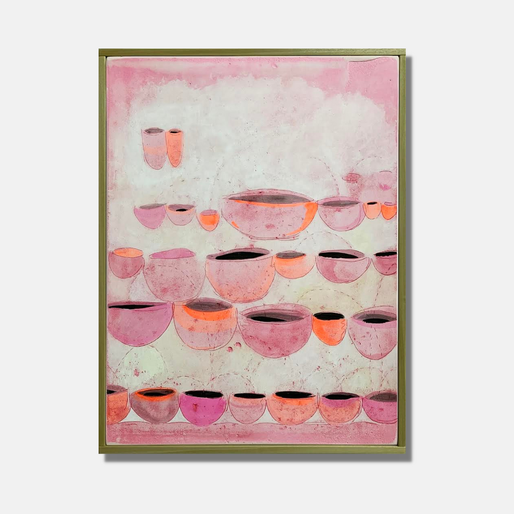 The artwork 'Dog-shaped lamp nearby' by Evan Peltzman features abstract circular forms arranged in horizontal rows against a soft pink and white background. Multiple bowl-like shapes in varying shades of coral, pink, and rose are delicately rendered in ink and plaster on wood panel, creating a harmonious composition that flows across the 15.75 x 12 inch surface.