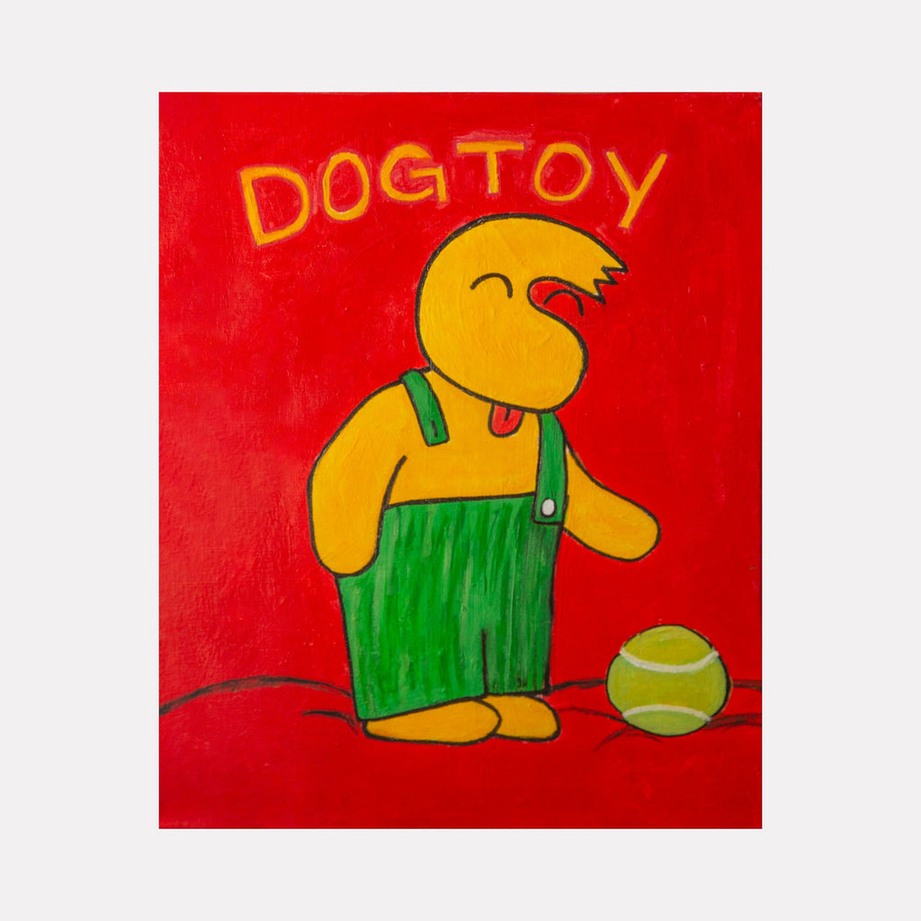 The artwork 'Dogtoy' by Andrew Psomas features a whimsical yellow cartoon character wearing green overalls standing beside a tennis ball against a vibrant red background. Created with acrylic paint and oil-based markers on canvas, the piece combines bold colors and simple lines in a playful, pop art style. 20x16 inches by Andrew Psomas.