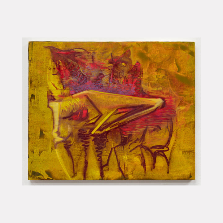The artwork 'Ketamine Tea Dance' by Kevin Tobin features dynamic abstract expressionism on oil panel, depicting fluid geometric shapes in vibrant yellow ochre and deep crimson. Angular forms suggest movement across a textured golden background, with brushstrokes creating energetic patterns and purple undertones merging into warm amber hues.