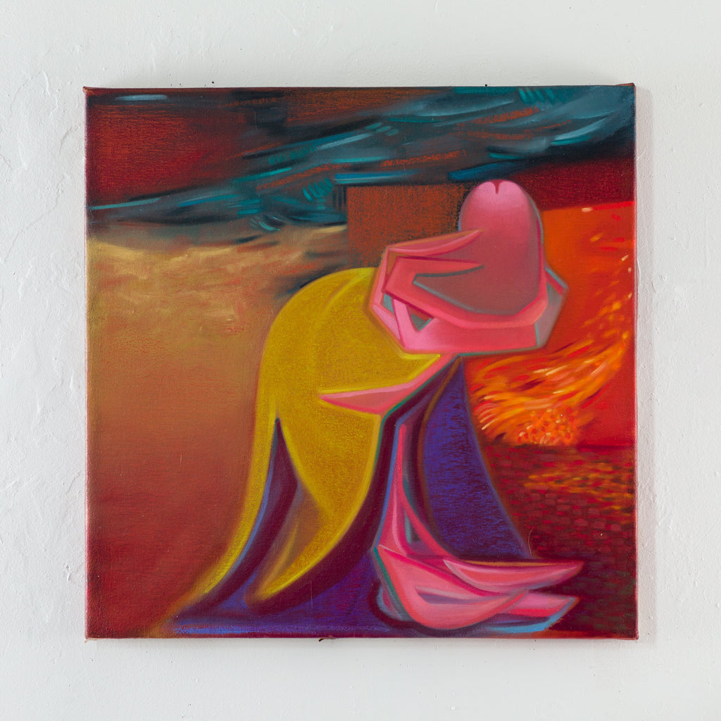 The artwork 'Doom' by Kevin Tobin features an abstract composition with vibrant colors merging into fluid shapes. A dominant pink form resembling a heart or organic shape floats against a dynamic background of deep reds, golden yellows, and rich purples. Teal brushstrokes sweep across the top, creating dramatic movement. The oil painting showcases bold color transitions and flowing lines characteristic of contemporary abstract expressionism.