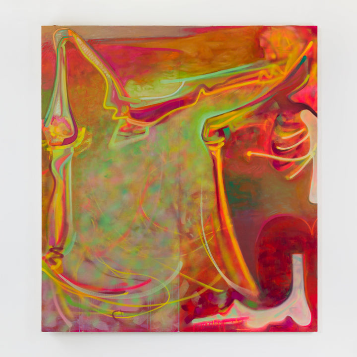 The artwork 'Miasma [Projection]' by Kevin Tobin features vibrant swirling patterns in neon orange, electric green, and deep red. Abstract fluid forms flow across hollow core doors, created with oil, flashe, and spray paint. The composition suggests dynamic movement with luminous, interweaving lines and translucent layers, giving an ethereal, dreamlike quality. - Kevin Tobin