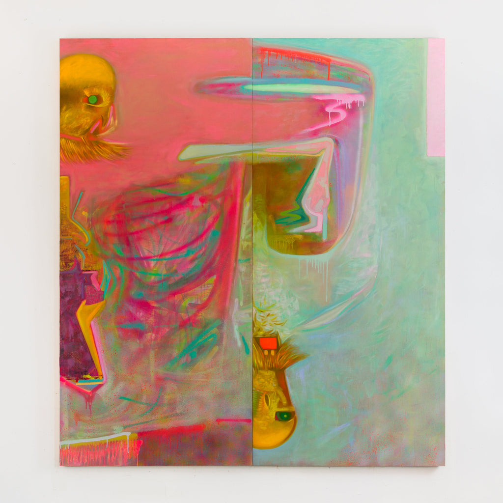 The artwork 'Miamsa [Splitting]' by Kevin Tobin features abstract fluid forms in vibrant pink, turquoise, and golden hues. The mixed-media piece on hollow core doors combines smooth and textured elements created with oil, flashe, spray paint, and wax. Dynamic swirling patterns and ethereal shapes float across the divided surface, suggesting movement and transformation.