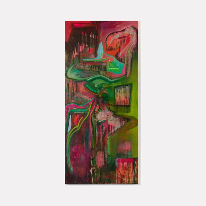 The artwork 'Furin Cleavage Site' by Kevin Tobin features abstract organic forms in vivid green and magenta, with dripping paint effects creating vertical movement. Bold brushstrokes and spray paint techniques blend across the hollow core door surface, mixing oil and wax textures in a dynamic composition of flowing, biomorphic shapes.