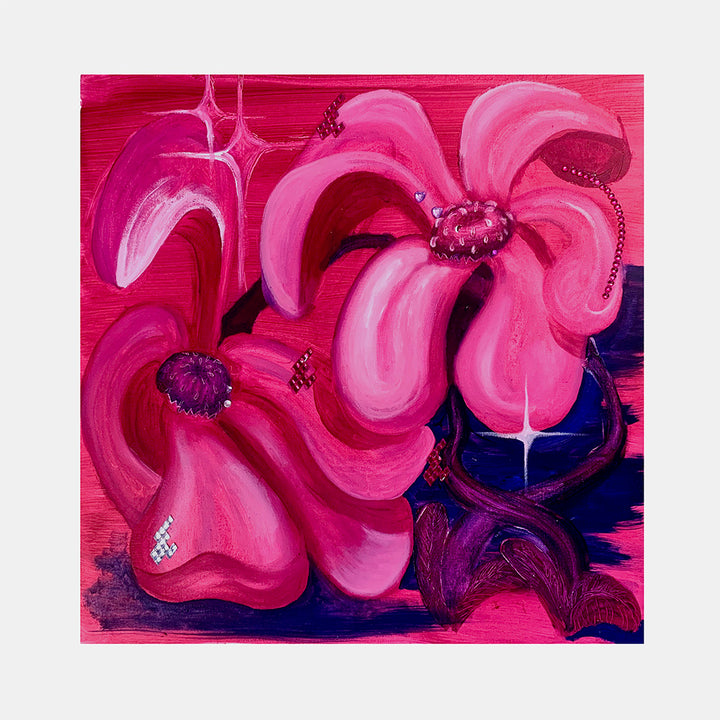 The artwork 'Dos Florecitas' by Juan Arango Palacios features two vibrant pink flowers with rhinestone-embellished centers against a deep navy and magenta background. The flowers are painted in bold, flowing brushstrokes, creating a modern abstract interpretation with dynamic movement and textural contrast. The oil painting incorporates sparklingrhinestone details, blending traditional and contemporary elements.