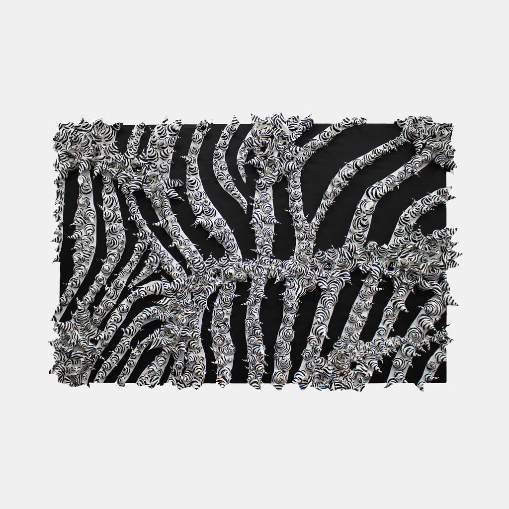 The artwork 'Double Zebraphore' by Seren Morey features intricate black and white striped patterns with elaborate curling textures. The abstract composition creates a zebra-like design with flowing, organic lines enhanced by detailed swirling embellishments in ultralight acrylic on panel, measuring 26 x 39 inches.