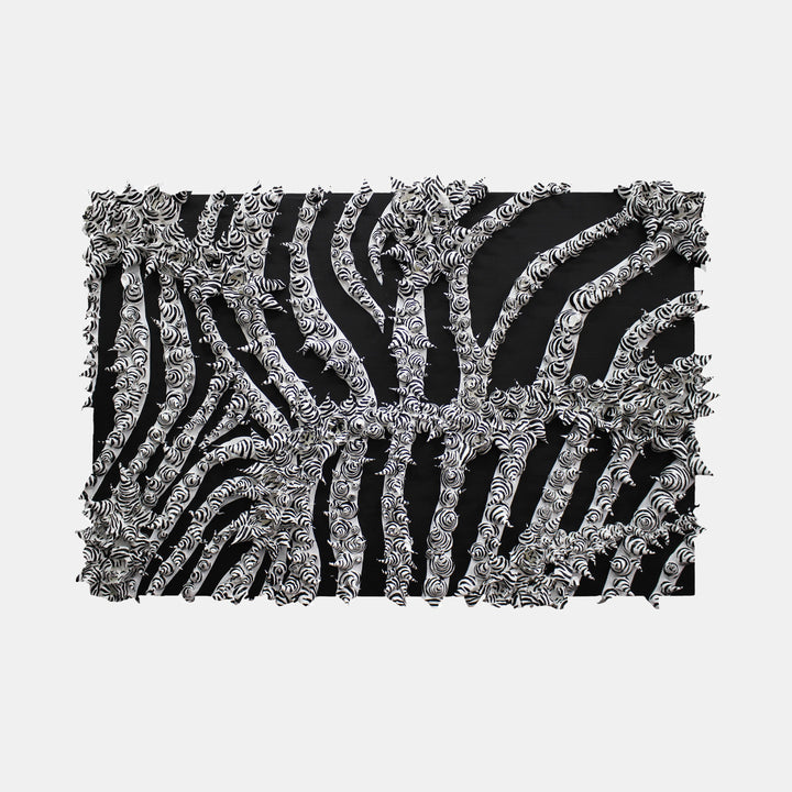 The artwork 'Double Zebraphore' by Seren Morey features intricate black and white striped patterns with elaborate curling textures. The abstract composition creates a zebra-like design with flowing, organic lines enhanced by detailed swirling embellishments in ultralight acrylic on panel, measuring 26 x 39 inches.