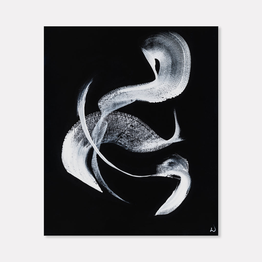 The artwork 'Dove Heart' by W Lu features fluid white brushstrokes on a deep black canvas creating an abstract dove in flight, rendered in dynamic acrylic strokes. The graceful curves and sweeping movements suggest wings and heart shapes, combining minimalist expression with ethereal motion in a 24x20 inch composition.