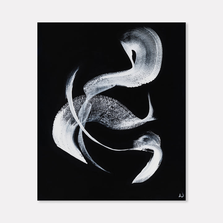 The artwork 'Dove Heart' by W Lu features fluid white brushstrokes on a deep black canvas creating an abstract dove in flight, rendered in dynamic acrylic strokes. The graceful curves and sweeping movements suggest wings and heart shapes, combining minimalist expression with ethereal motion in a 24x20 inch composition.