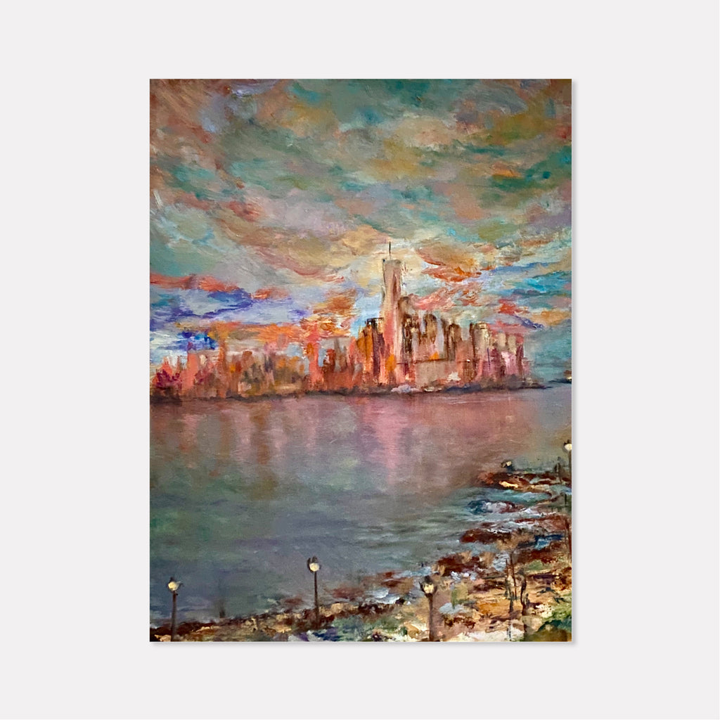 The artwork 'Downtown Reflected' by Rita BasuMallick captures a vibrant cityscape at sunset, featuring tall buildings reflecting on calm waters. The oil painting showcases warm orange and coral tones in the sky, contrasting with cool turquoise clouds and deep blue water. Street lamps line the rocky shoreline, while the urban skyline glows with golden light. Created with expressive brushstrokes on canvas. By Rita BasuMallick.