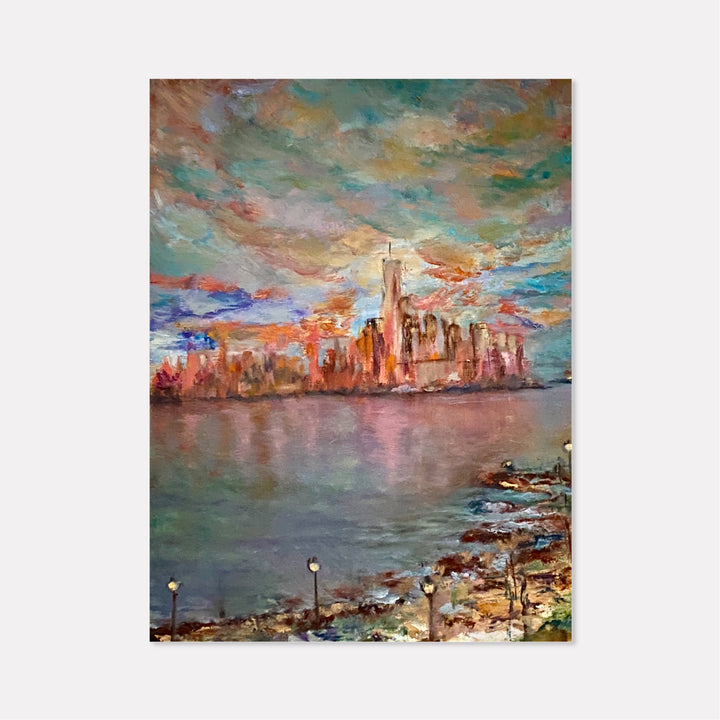 The artwork 'Downtown Reflected' by Rita BasuMallick captures a vibrant cityscape at sunset, featuring tall buildings reflecting on calm waters. The oil painting showcases warm orange and coral tones in the sky, contrasting with cool turquoise clouds and deep blue water. Street lamps line the rocky shoreline, while the urban skyline glows with golden light. Created with expressive brushstrokes on canvas. By Rita BasuMallick.