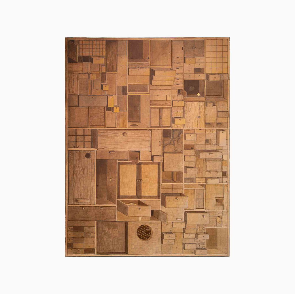 The artwork 'Drawers' by Sally Han features an abstract geometric composition of wooden compartments arranged in a grid-like pattern. Various rectangular and square shapes create a textured mosaic effect in warm brown tones. The pen and acrylic piece incorporates different depths and sizes of box-like forms, suggesting an architectural or storage-inspired design measuring 40x30 inches.