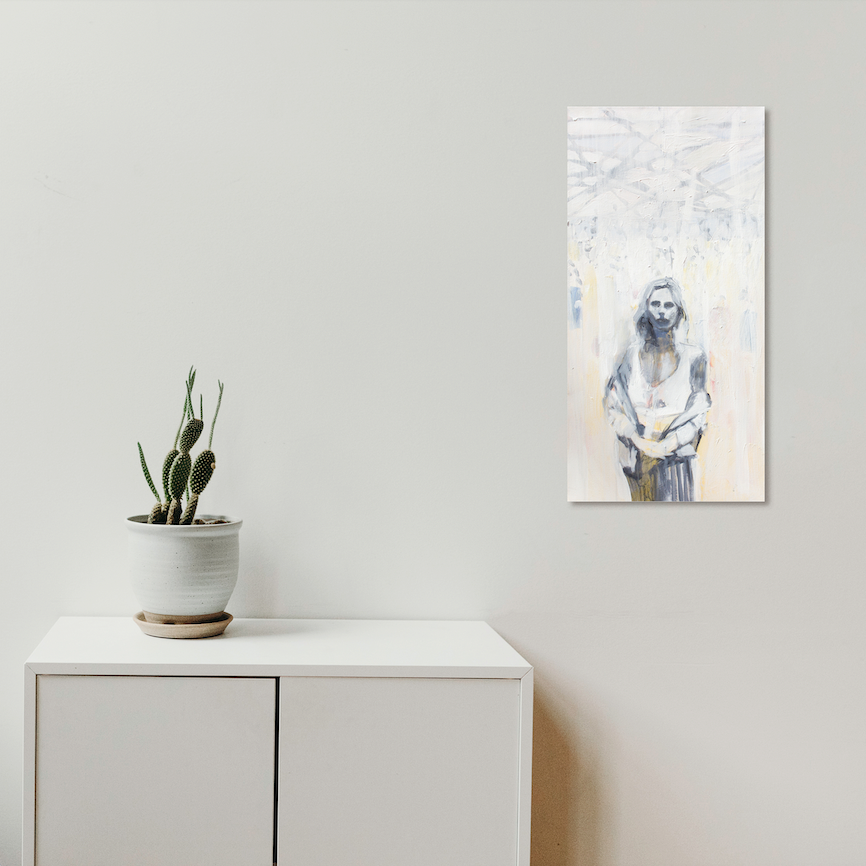 The artwork 'Dream Fairy' by Chris Baily features an ethereal figure rendered in soft gray and white tones on a textured canvas. The composition shows a vertical portrait against a misty white background with subtle textural elements created through acrylic brushwork. The minimalist color palette and dreamy atmosphere create a contemplative mood in this 36x18 inch painting.