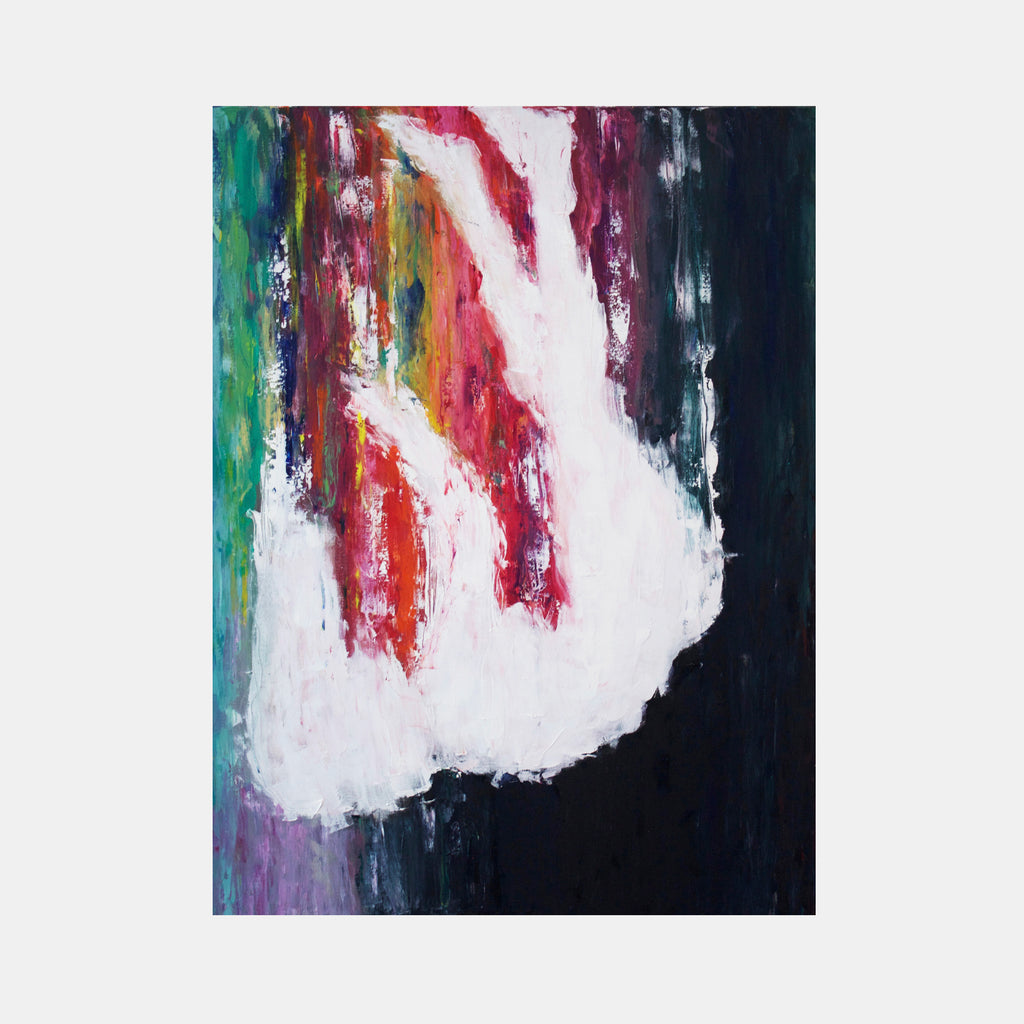 The artwork 'Dream of Falling' by Jadie Meprivert features dynamic brushstrokes of vibrant colors cascading downward against a dark background. Bold strokes of emerald green, crimson red, and turquoise blend with pure white, creating a dramatic waterfall effect. The abstract composition on oil canvas suggests movement and ethereal depth through contrasting light and shadow.