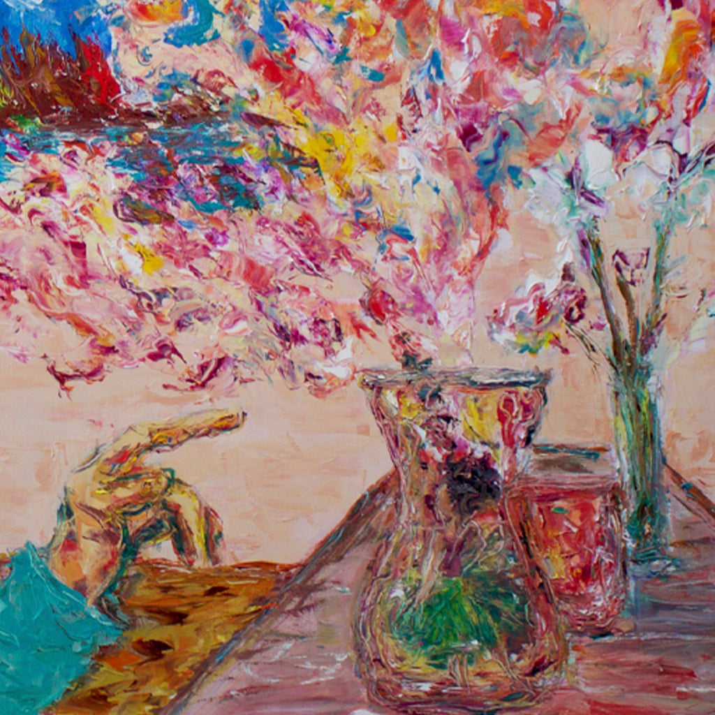 The artwork 'Dream of Love' depicts a serene scene with vibrant impressionistic brushstrokes, featuring a composition in turquoise and lime green tones against an explosion of multicolored floral elements. The oil painting showcases dynamic textures with an expressive, contemporary style on canvas, measuring 40x60 inches. By Jadie Meprivert.