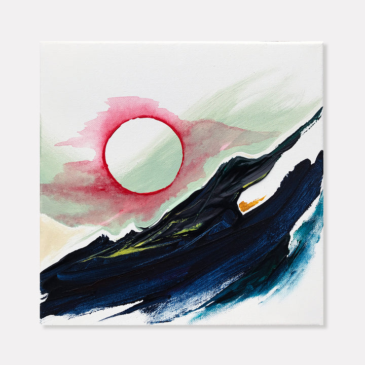 The artwork 'Dream of the Red Sun' by W Lu features a striking red circular sun against a soft mint-green sky, hovering above dramatic navy-blue mountain peaks. Bold brushstrokes create dynamic waves in deep turquoise and black, suggesting a turbulent seascape. The 10x10 inch acrylic painting combines abstract and landscape elements with a distinctive Asian-inspired aesthetic.