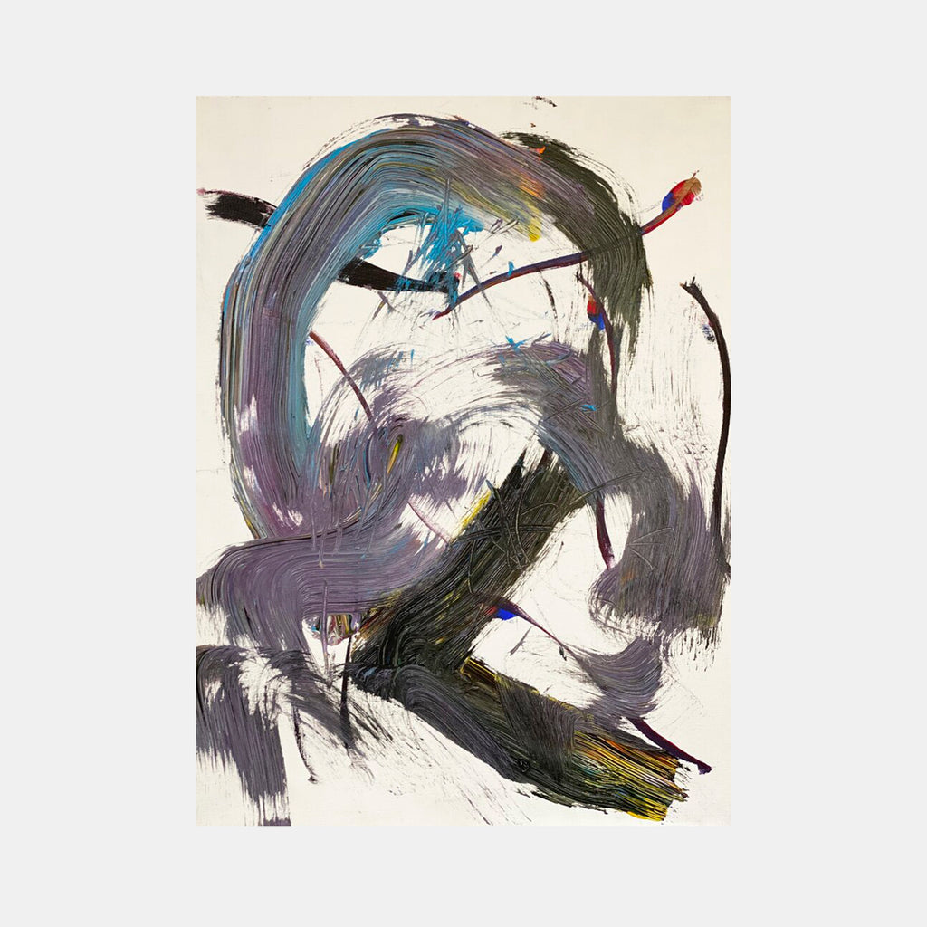 The artwork 'Dreams of Kyushu' by Dom Hiddo features bold, gestural brushstrokes in shades of deep purple, gray, and black against a cream background. Dynamic sweeping curves create a sense of movement, with touches of turquoise and yellow accents. The abstract expressionist composition showcases vigorous brush techniques on linen canvas, evoking the energy and fluidity of Japanese calligraphy. By Dom Hiddo.