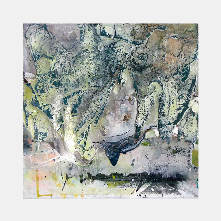 The artwork 'Dual Perspectives' by Renee Phillips features abstract expressionist composition with swirling textures in muted teal, pale yellow, and silvery gray. Dynamic brushstrokes and layered mixed media create depth through contrasting light and dark areas, with fluid forms emerging from ethereal washes of latex, enamel, and acrylic on wood panel.