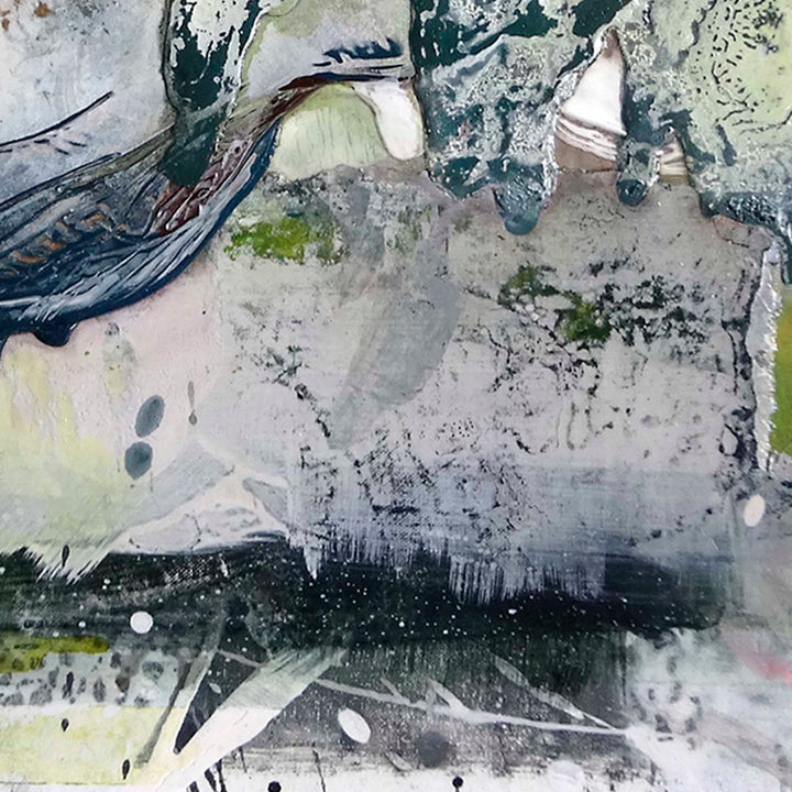 The artwork 'Dual Perspectives' by Renee Phillips features abstract expressionist strokes in deep forest greens and pale pinks, creating a dynamic interplay of light and shadow. Textural elements blend latex, enamel, and acrylic on wood panel, with gestural marks and organic forms suggesting a natural landscape in transition. 24x24 inches. By Renee Phillips.