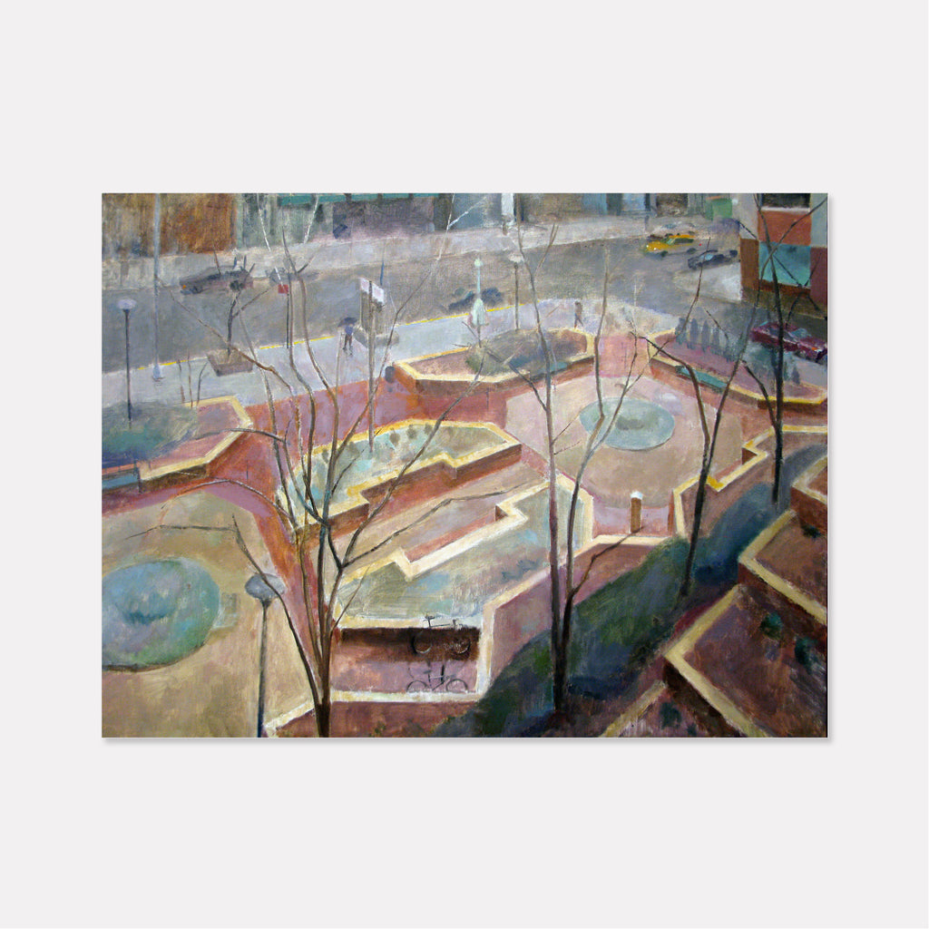 The artwork 'Duane Street Studio View' by Peter Colquhoun captures an aerial urban landscape with terraced gardens, rendered in soft muted tones of grey, rose, and teal. Bare winter trees frame geometric shapes of raised garden beds, creating a rhythmic pattern across the oil on linen canvas. The composition showcases modernist architectural elements with atmospheric perspective. By Peter Colquhoun