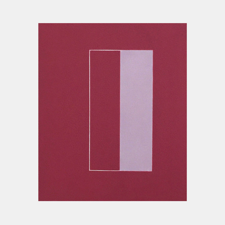 The artwork 'Duplicity' by Shyun Song features a minimalist geometric composition with two vertical rectangles - one in deep burgundy and one in soft lavender - set against a darker burgundy background. The clean lines and contrasting colors create a striking abstract design in oil on canvas, measuring 24x20 inches.