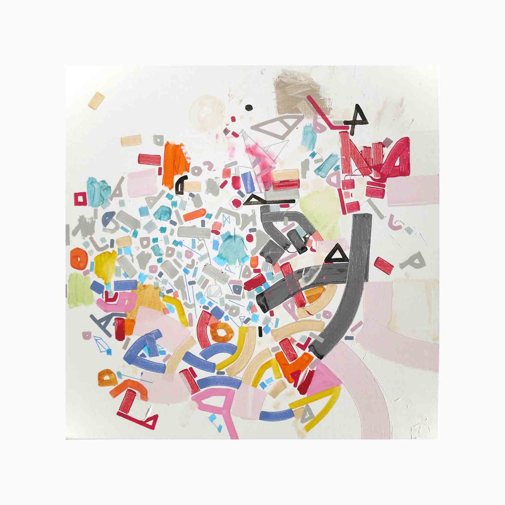 The artwork 'Durbaano' by Philippe Halaburda features an abstract composition of scattered geometric shapes and letterforms in vibrant colors including pink, orange, blue, yellow, and gray. The elements appear to burst from the center in a dynamic, explosive pattern against a white background, created with acrylic paint and felt tip markers on canvas.