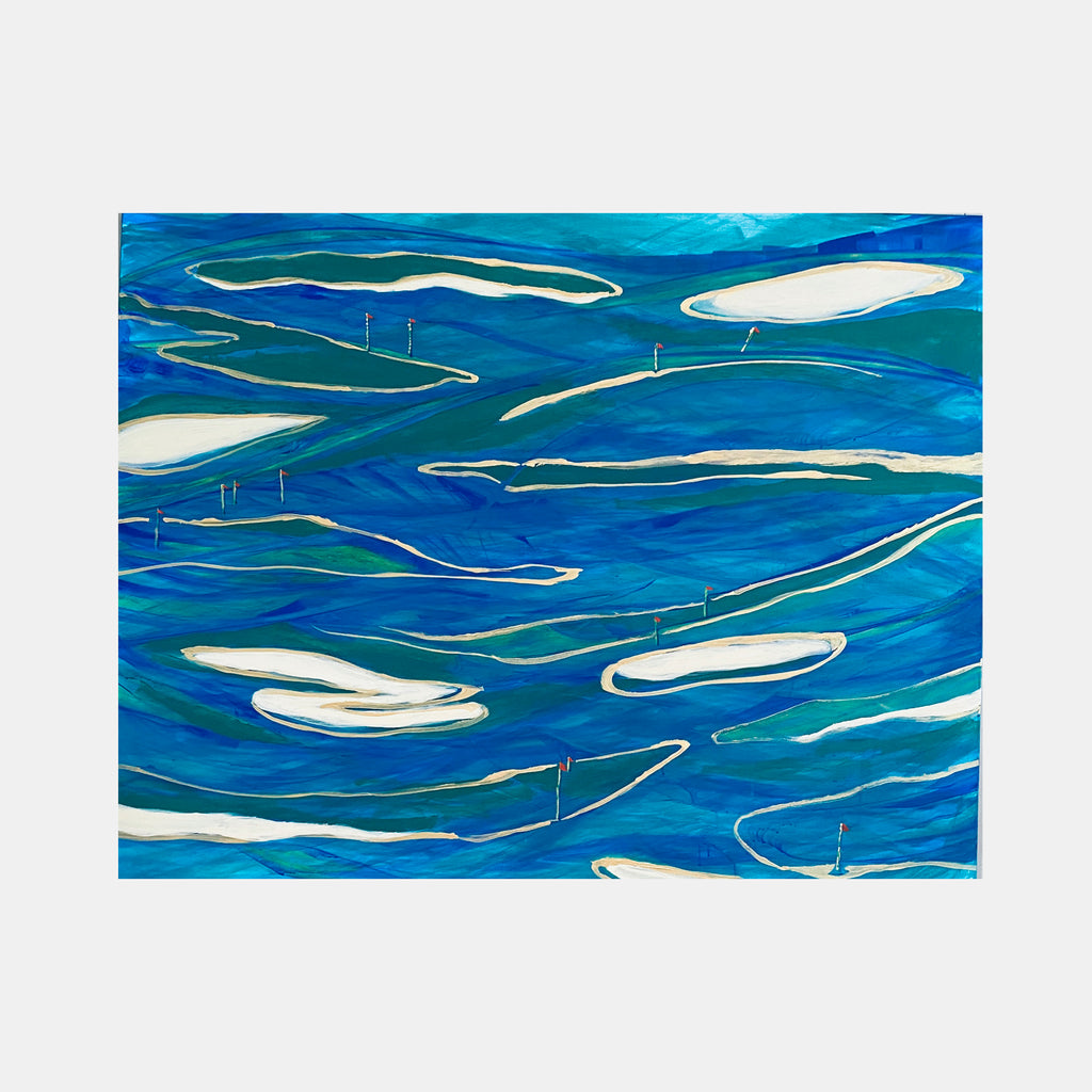 The artwork 'Dusk on the Green' by Camilla Webster features abstract landscape elements with flowing organic shapes in vibrant turquoise and deep blue tones. White curved forms float across the canvas suggesting islands or golf course elements, accented by delicate vertical lines. The acrylic painting's fluid brushwork creates a dynamic composition measuring 47x60 inches, capturing movement and serenity.