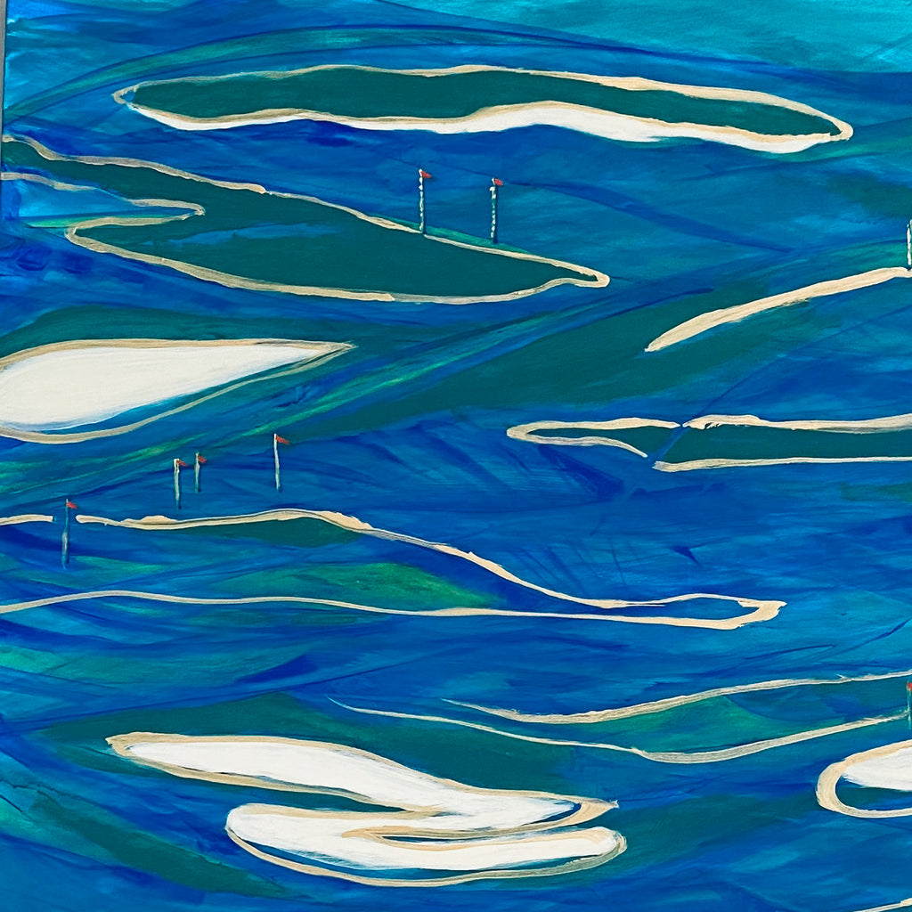 The artwork 'Dusk on the Green' by Camilla Webster features aerial views of islands and sandbars painted in vibrant turquoise and deep blue waters. White navigation markers dot the seascape, while sweeping curved lines create a dynamic composition in acrylic on canvas, capturing the fluid movement of coastal waterways at twilight.