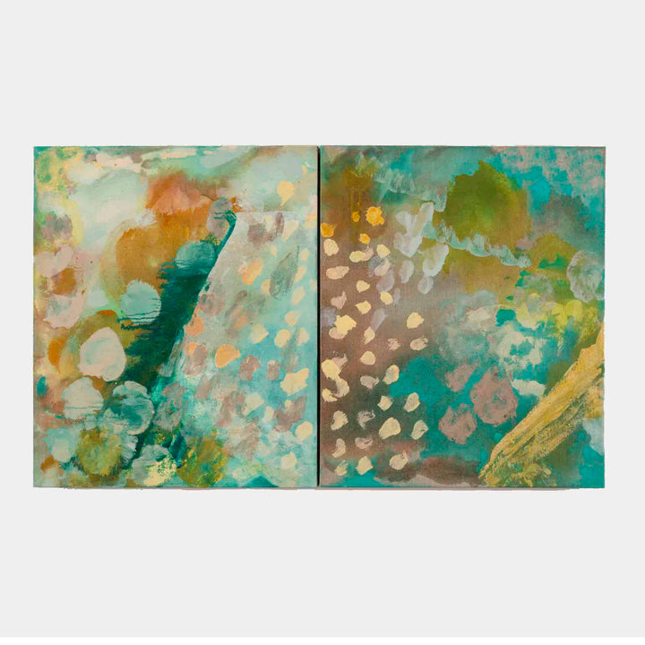 Dwell in Green Mountain Diptych by Molly Herman features two abstract panels with ethereal turquoise, emerald, and golden hues. The oil painting showcases organic shapes and layered brushstrokes, creating a dynamic composition with soft circular forms and fluid movement across both canvases. The artwork blends earthy tones with aquatic colors, suggesting a natural landscape interpreted through an abstract lens.