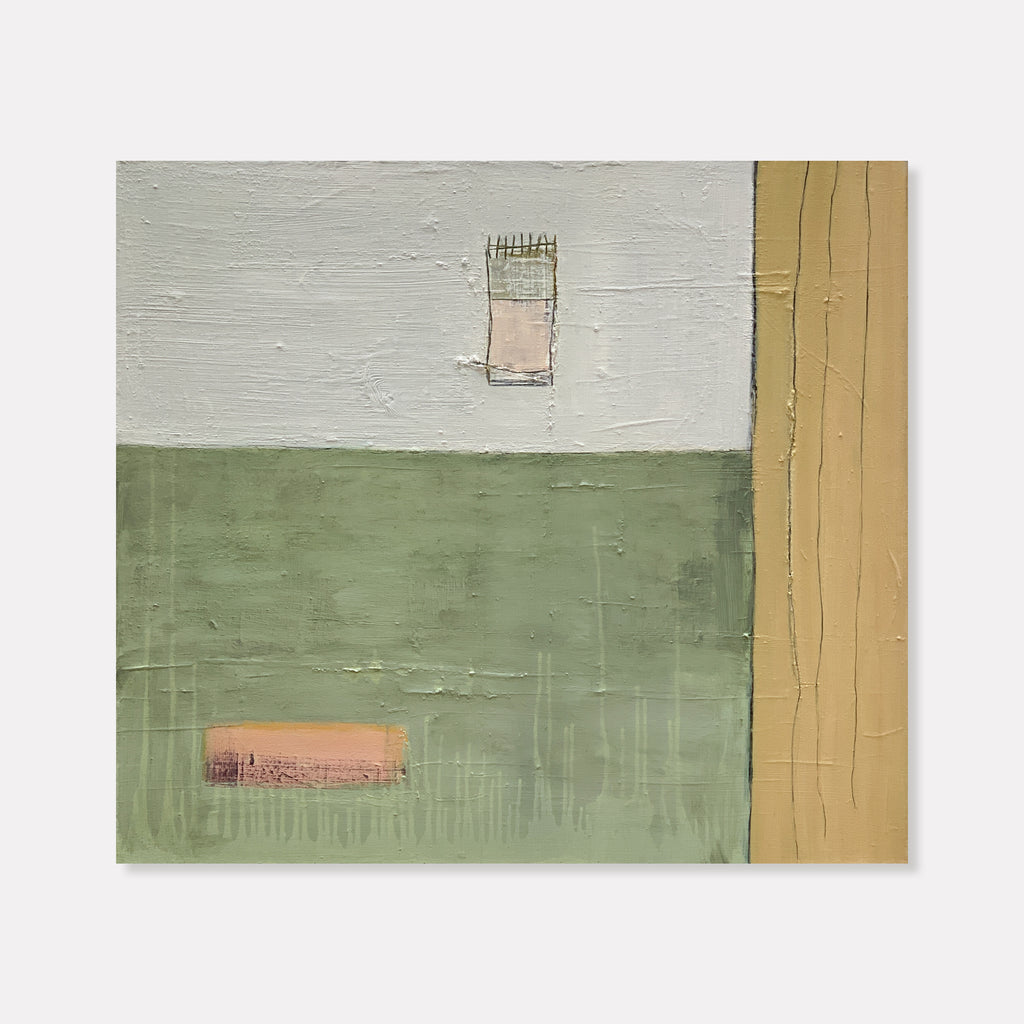 The artwork 'EAST' by Nina Meledandri features a minimalist abstract composition with geometric shapes in soft sage green, cream, and golden ochre. A small rectangular form floats in the upper portion against a cream background, while a horizontal element rests in the lower green field. Textured oil paint and graphite create subtle surface variations.