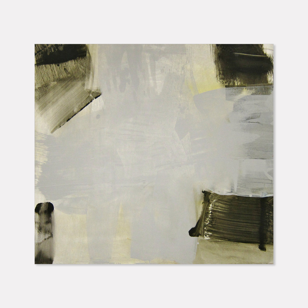 The artwork 'ECHO' by Barbara Groh features abstract expressionist brushstrokes in muted tones of grey, ivory, and olive green. Bold geometric blocks anchor the corners, while ethereal layered strokes create depth across the canvas. The composition balances negative space with textural elements, reflecting a minimalist yet dynamic approach on acrylic canvas.