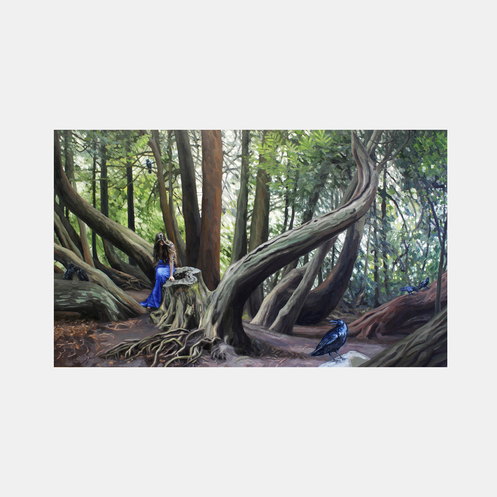 The artwork 'I am a bird, You are a Tree' depicts a mystical forest scene with twisted, gnarled tree roots and trunks in muted earth tones. Two blue figures rest among ancient trees in a lush green woodland setting, creating an ethereal atmosphere through oil on canvas. The composition showcases dramatic lighting and detailed botanical elements. By Elody Gyekis.