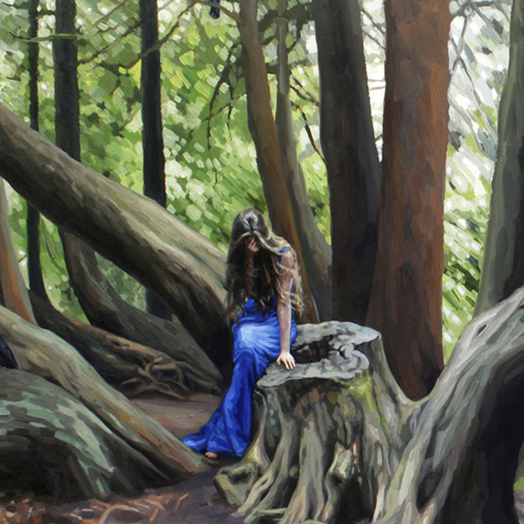 I am a bird, You are a Tree by Elody Gyekis: Oil painting depicting a serene forest scene with a figure in a flowing blue dress perched on a weathered tree stump, surrounded by towering tree trunks and lush green foliage. Rich earth tones and dappled sunlight create a mystical woodland atmosphere on 36x60 inch canvas.