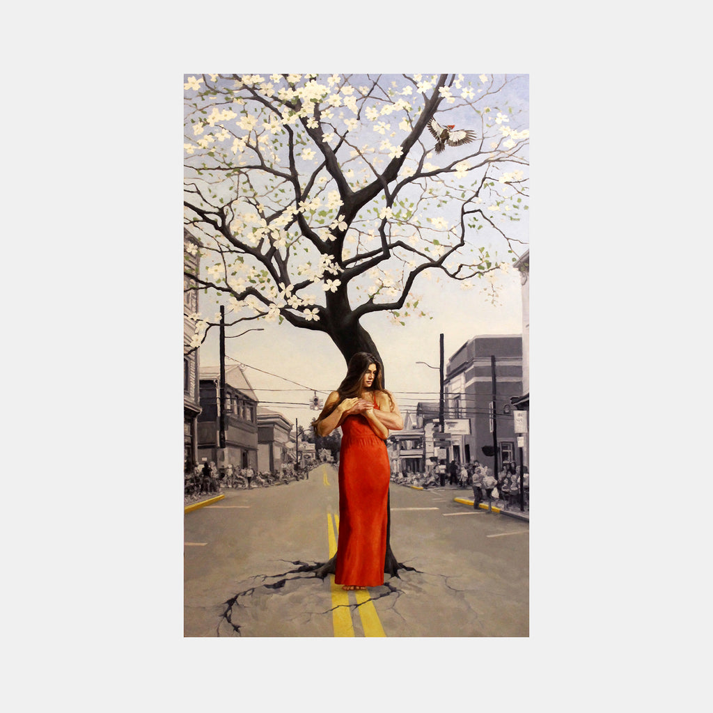 The artwork 'I carry Your Heart (I carry it in my heart)' features a blooming cherry tree on an urban street, with delicate white blossoms against gray sky. A person in a flowing red dress stands centered at the tree's base, with the backdrop of city buildings and power lines creating depth. Oil on canvas, 60x36 inches. By Elody Gyekis.