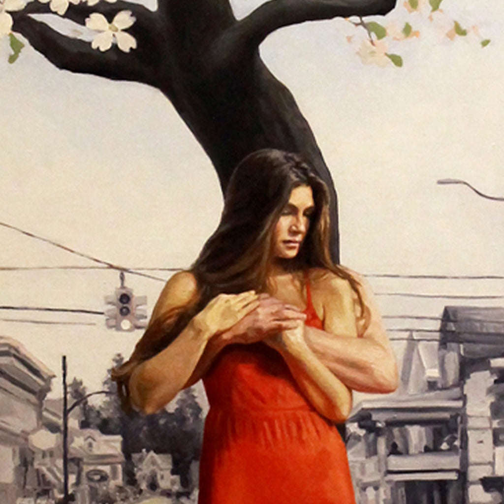 The artwork 'I carry Your Heart' by Elody Gyekis features a figure in a vibrant red dress beneath a blooming cherry tree, set against an urban backdrop. The oil painting showcases delicate white blossoms contrasting with the dark silhouette of tree branches, while soft cream-colored sky creates a dreamy atmosphere. Masterful brushwork captures a contemplative scene in this 60x36 inch canvas.